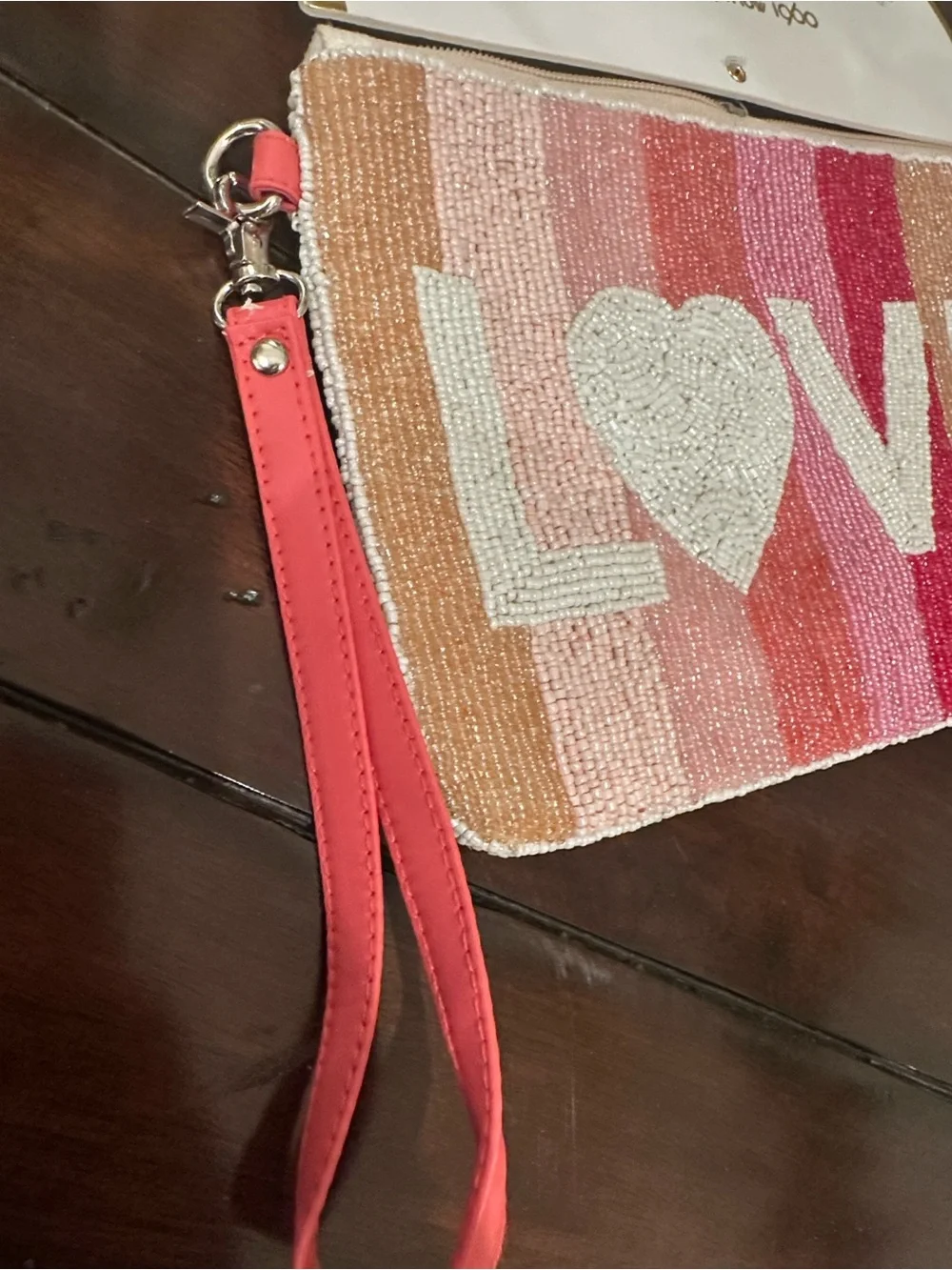 House of Harlow 1960 Pink & Coral Striped 'LOVE' Beaded Wristlet